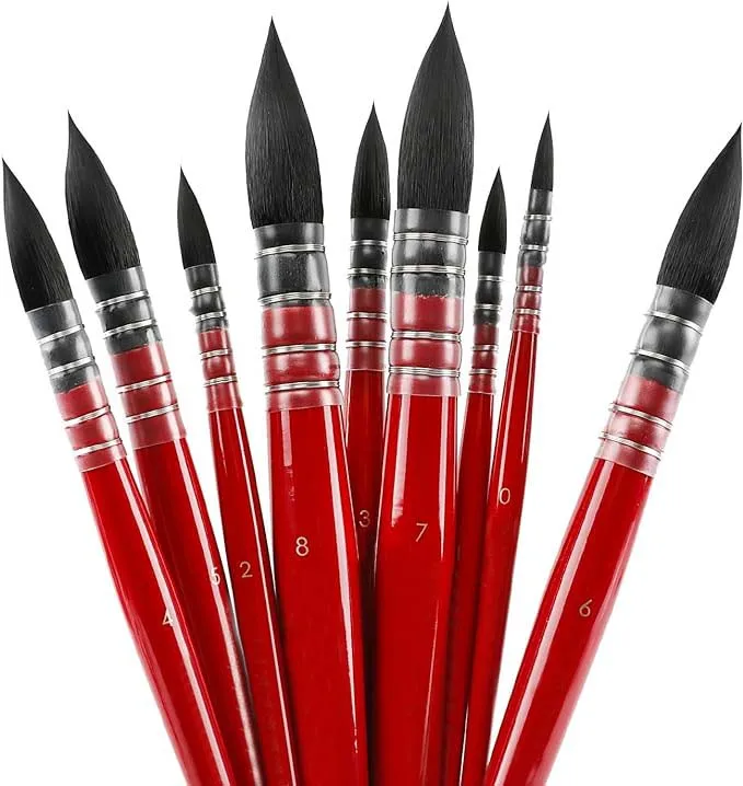 paint brush set 9 pcs red wooden handle Mop Round Squirrel Hair watercolor Paint Brush Set for Art Painting,