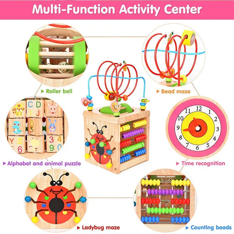 Unisex Multi-functional Four-Sided Bead Beetle Treasure Box Beaded Calculation Rack Educational Wooden Toy for Children 1 Set