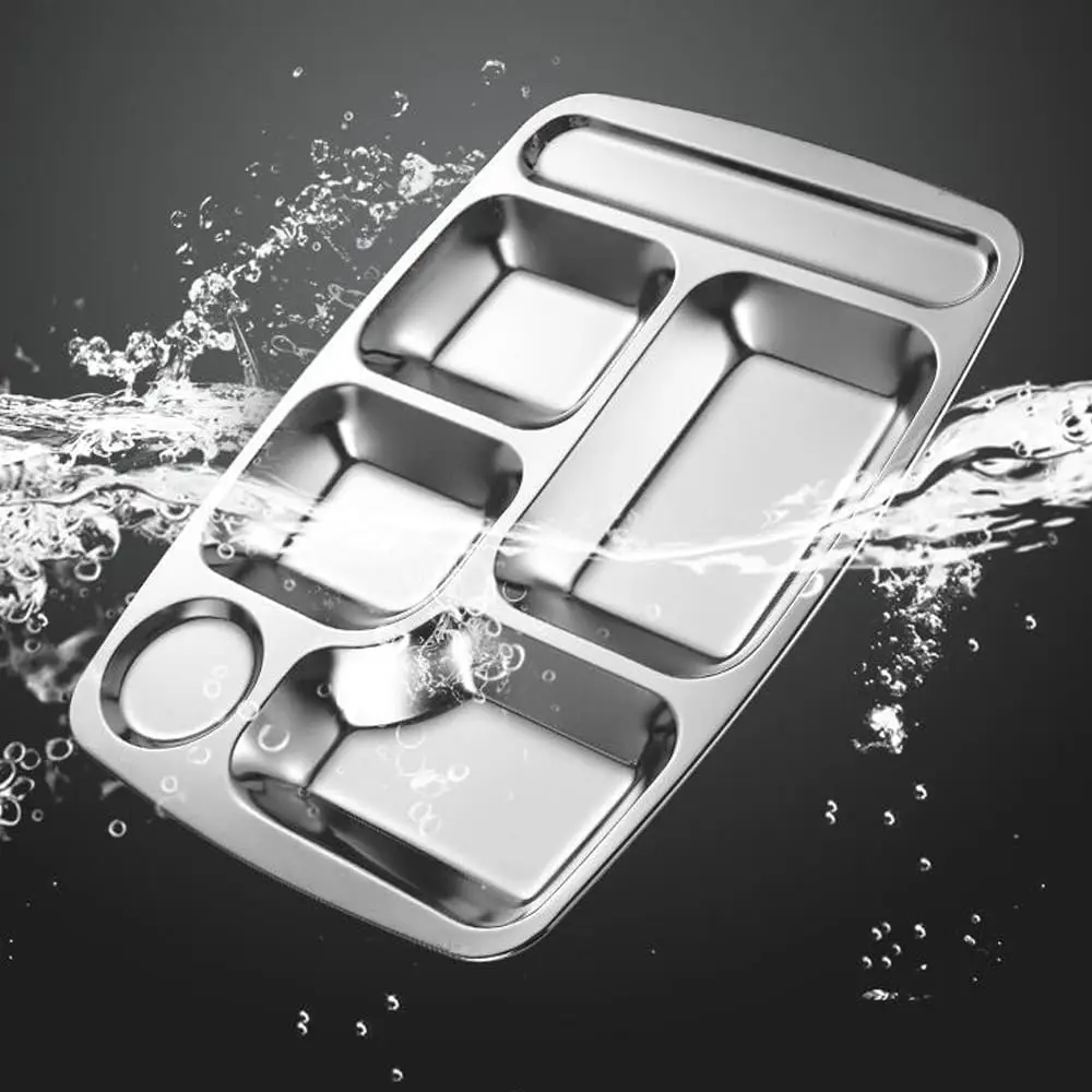 Portable stainless steel food tray metal 5 compartment divide dinner plate food serving tray for catering