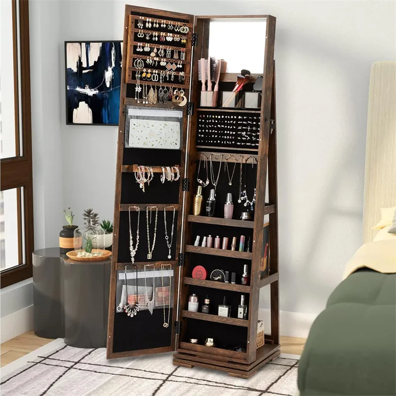 Antique Stand Alone Rotating Jewelry Storage Armoire Cabinet Organizer With Full Length Mirror 360 Swivel