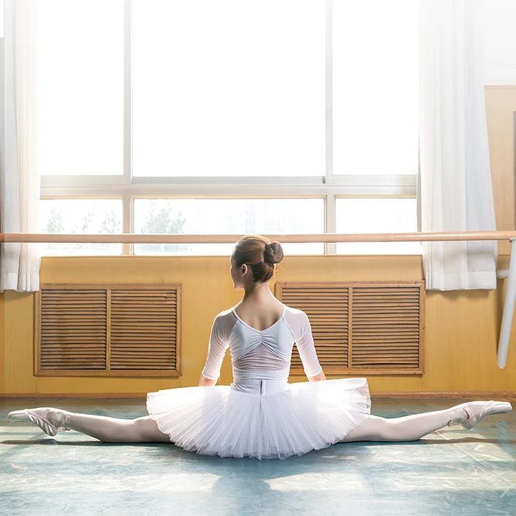 Ballerina Black Power Mesh Half Long Sleeve Thong Leotard