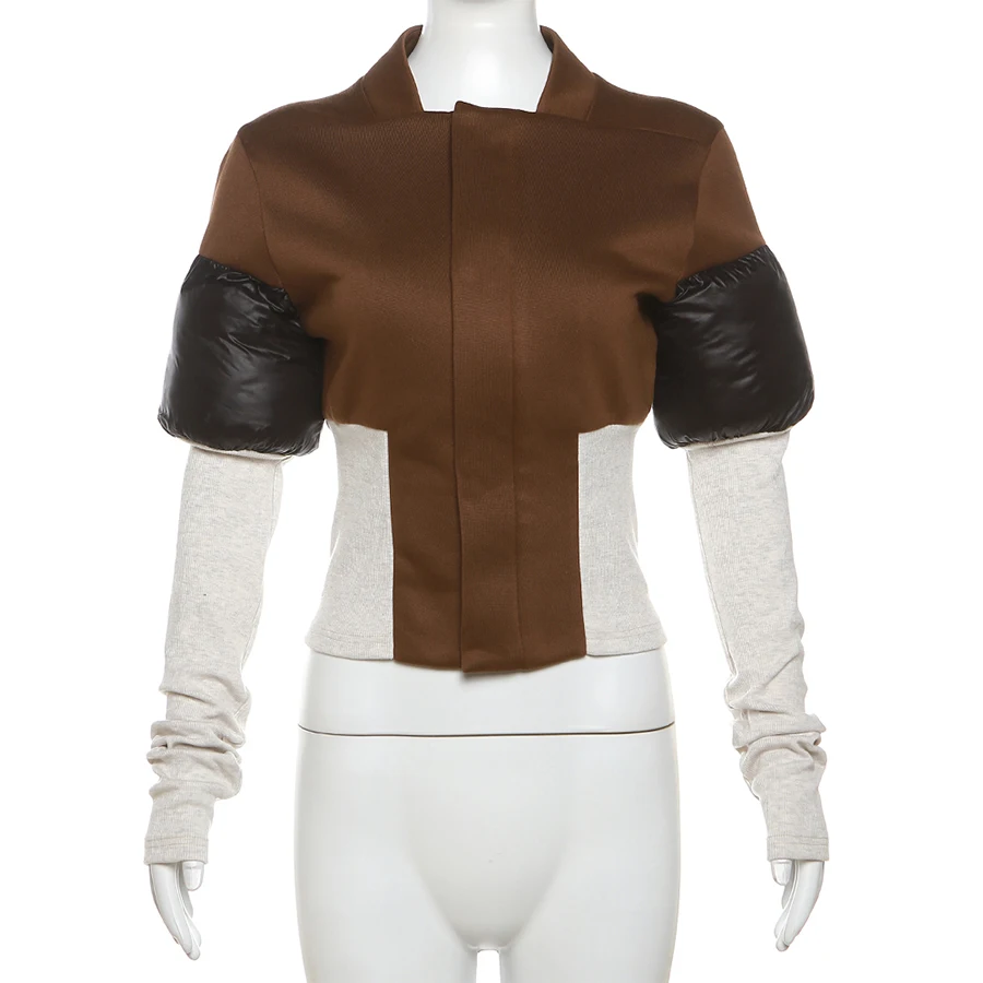 Kliou K23C40298 Women Classic Patchwork Long Sleeve Zip-up Slim Fit Jackets Contrast Color Autumn Coats