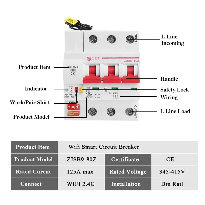 Tuya smart life  3P 400V Amanzon Alexa and Google home remote control din rail modular  wifi mcb circuit breaker