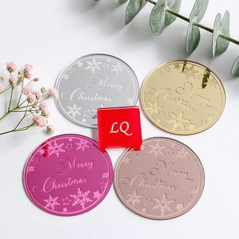Laser Merry Christmas mirror acrylic cupcake topper disc for decoration gift pendant