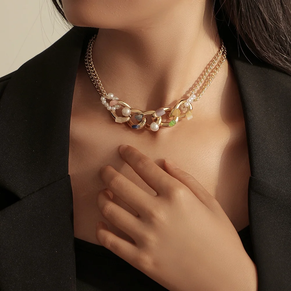 EMO Gold Plated Short Chain Gravel Aluminum Chain Pearl Necklace For Women Fashion Jewelry