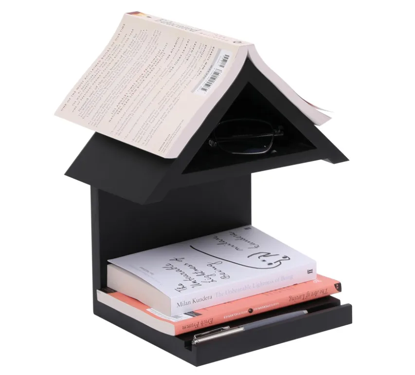 Black Wooden Triangle Nightstand Book Rest Wall Mounted Wood Bookcase Small Bedside Bookshelf