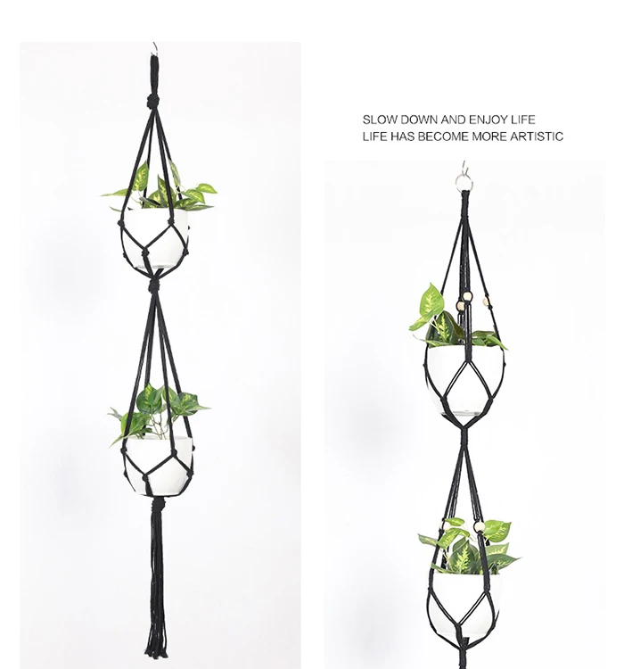 Hot Sale  Macrame  Plant Hanger  Holders  Black  Hanging  Planters  Basket with  Wood  Beads for  Boho  Home  Decor Tassels