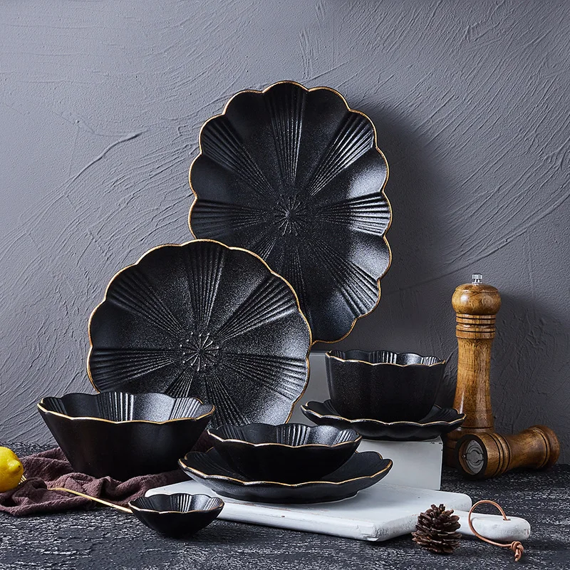 Japanese dinnerware set ramen bowl ceramic gold rim dinner plates set 16 pcs matte black modern ceramic dinner set