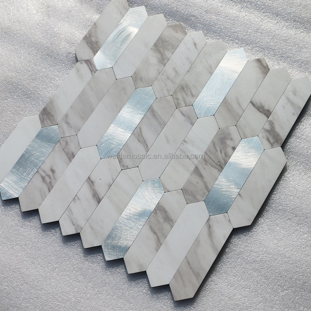 Long Hexagon PVC Peel and Stick Backsplash Silver Metal Mosaic Self Adhesive Aluminous Wall Mosaic Tiles