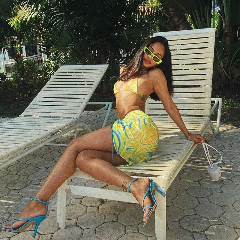 
Hot Selling Swimwear & Beachwear Print Mini Skirts and Triangle Bikini Set for Women 