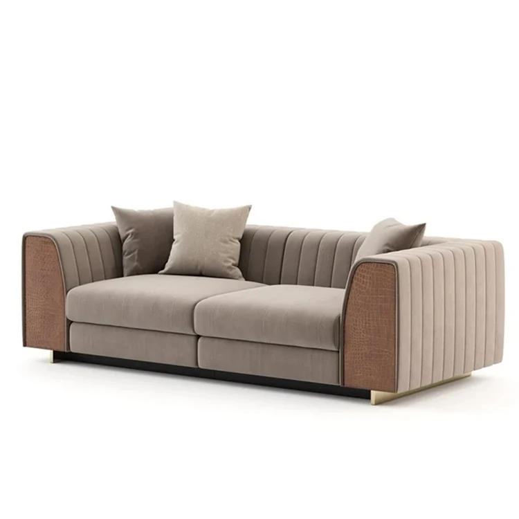 Luxury Italy Style Tan Brown Leather 3 seater sectional Sofa with Stainless steel legs Living Room Furniture Couch Set