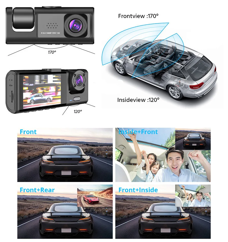 New OEM/ODM 3 Channel Dash Cam 1080P Camera Triple Way Car Video Recorder Dashcam Front and Rear Car Camera with Night Vision
