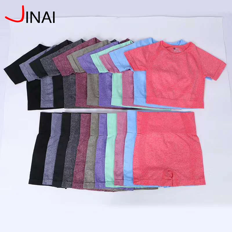 
Popular Women training 2 Piece suit Fitness Short Sleeve Crop Top Shirts Running Shorts Workout Clothes Seamless Yoga Set 
