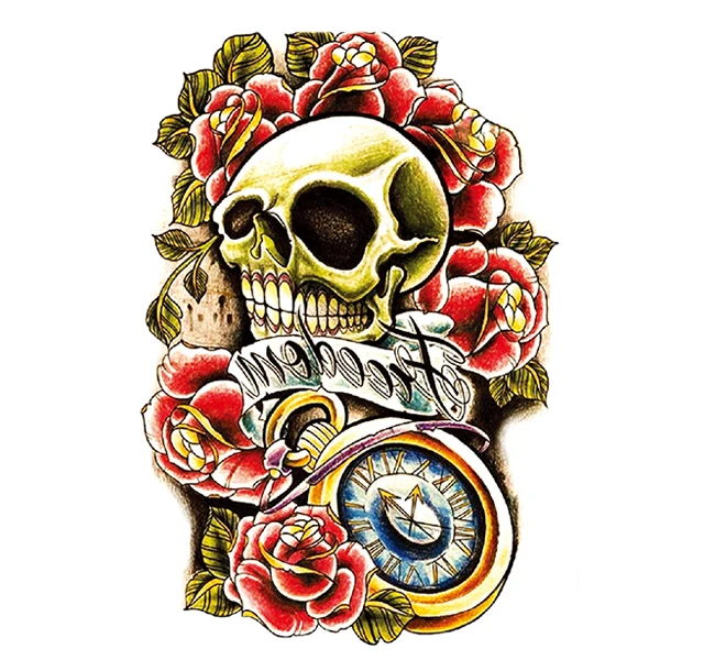custom HB half sleeves water proof skull and  clock arm temporary tattoo