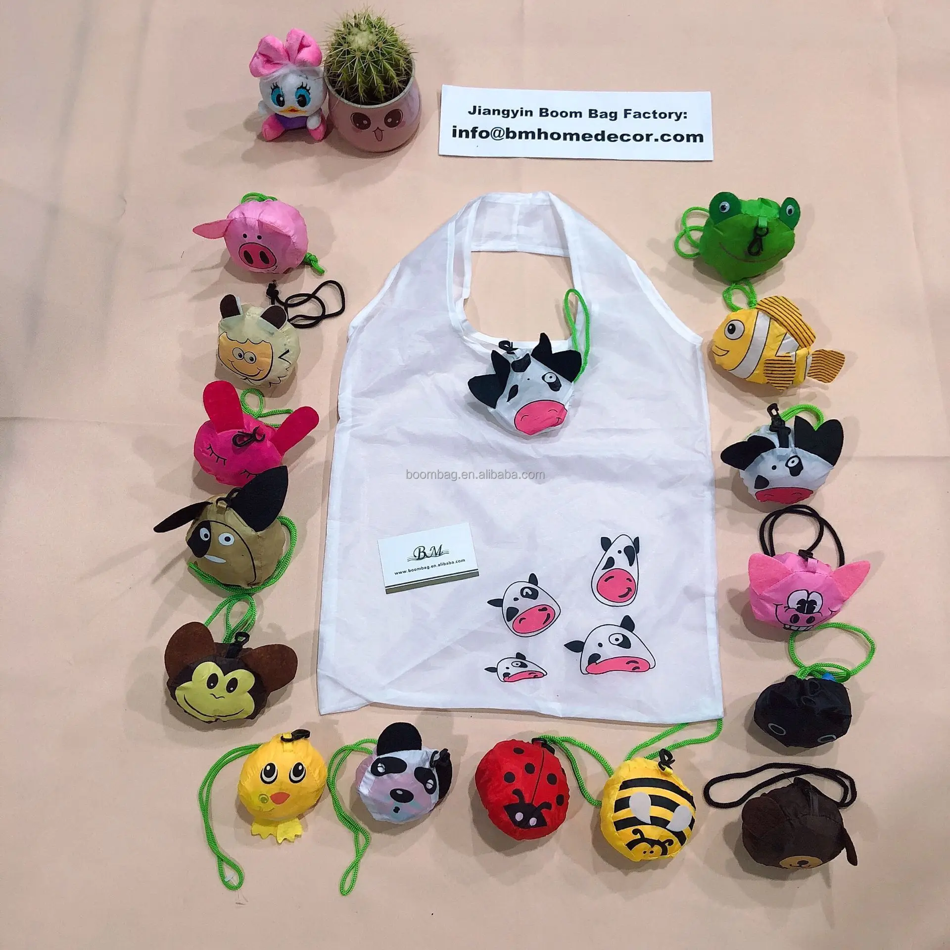 Reusable Recycled RPET Polyester Animal Bee + Dog + Cat + Pig + Cow Shape Foldable Grocery Shopping Bag