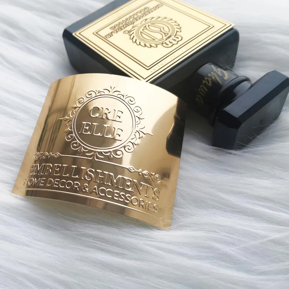 Custom metal logo stickers for perfume bottles gold metal sticker embossed label private logo sticker designers for my brand