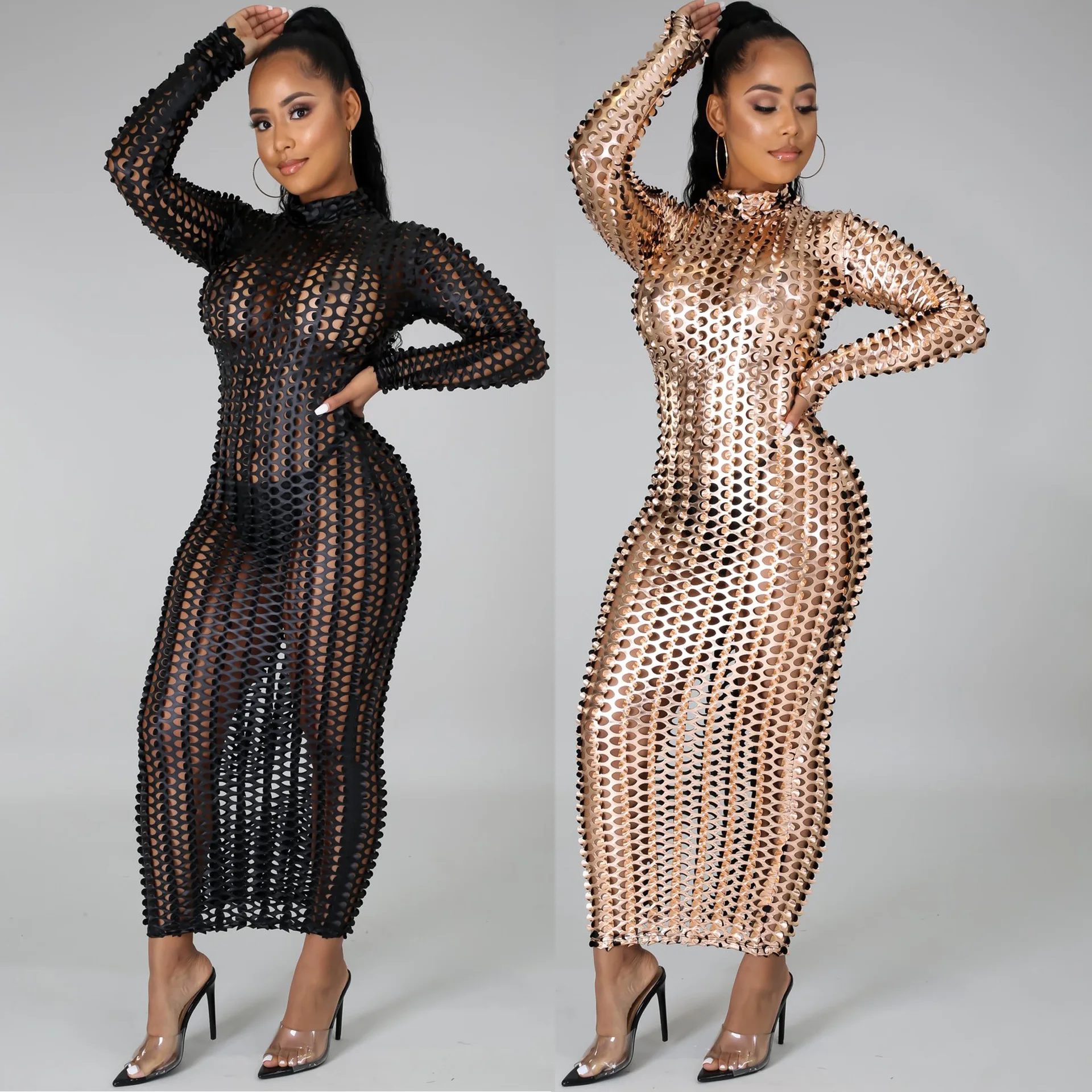 2021 Black Club Dress Women Clothing Hot Sexy Transparent A-Line Club Dress Solid Sexy Club Long Maxi Dress With Thumb Hole