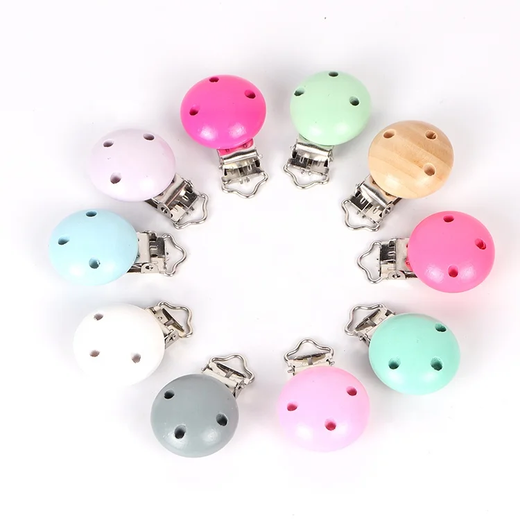 High Quality Custom Color Round Shape Pacifier Clip Wooden Baby Teether Pacifier Clip