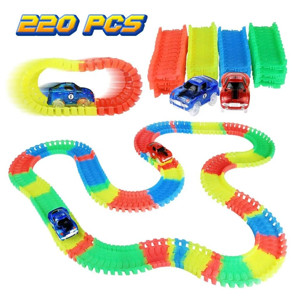 220 pieces rail track car  toy juego track luminous with 2 LED Cars Juguetes Educativos for Boy Girl Kids Toddlers