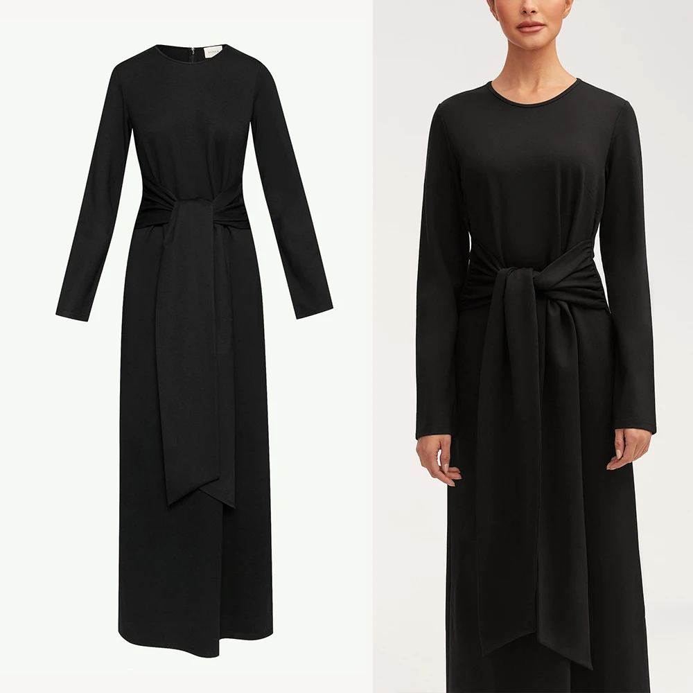 Clothing Supplier Plain long sleeves Crew Neck long sleeves Women casual Elegant Tie Front Maxi Dress For Ladies