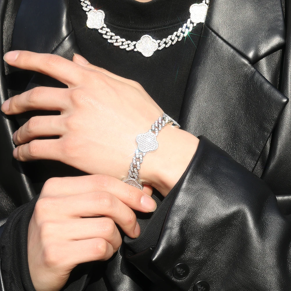 Classic Lucky Four Leaf Clover 9mm Miami Cuban Link Chain Bracelet Hip Hop Anklet Women Men Jewelry