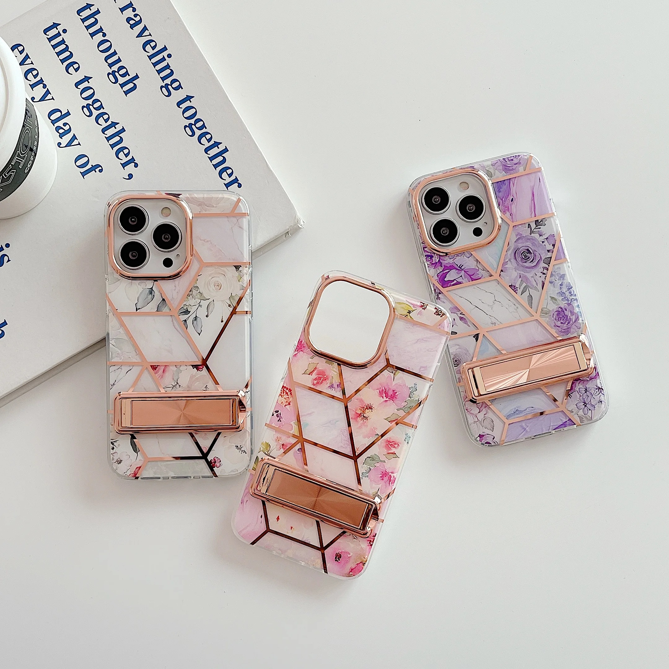 FashionWomen Phone Case IMD Printed Mobile  Cover for iPhone 13 Marble Electroplated Phone Accessories with standing function