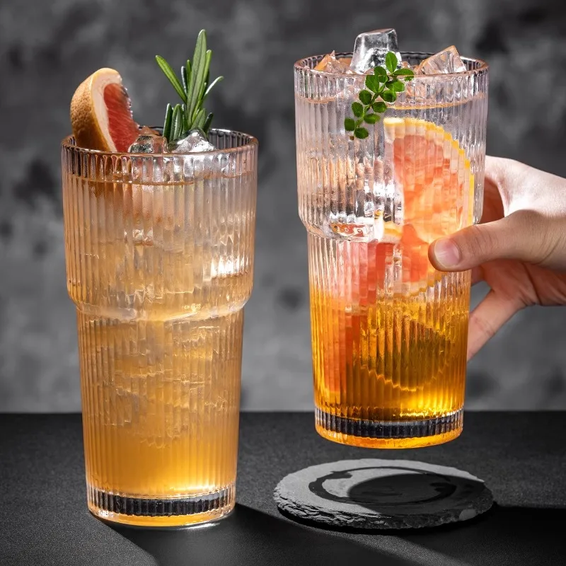 Wholesale Large Capacity Drinking Glass Tumbler Stackable Ribbed Coke Coffee Cup Striped Cocktail Water Glasses
