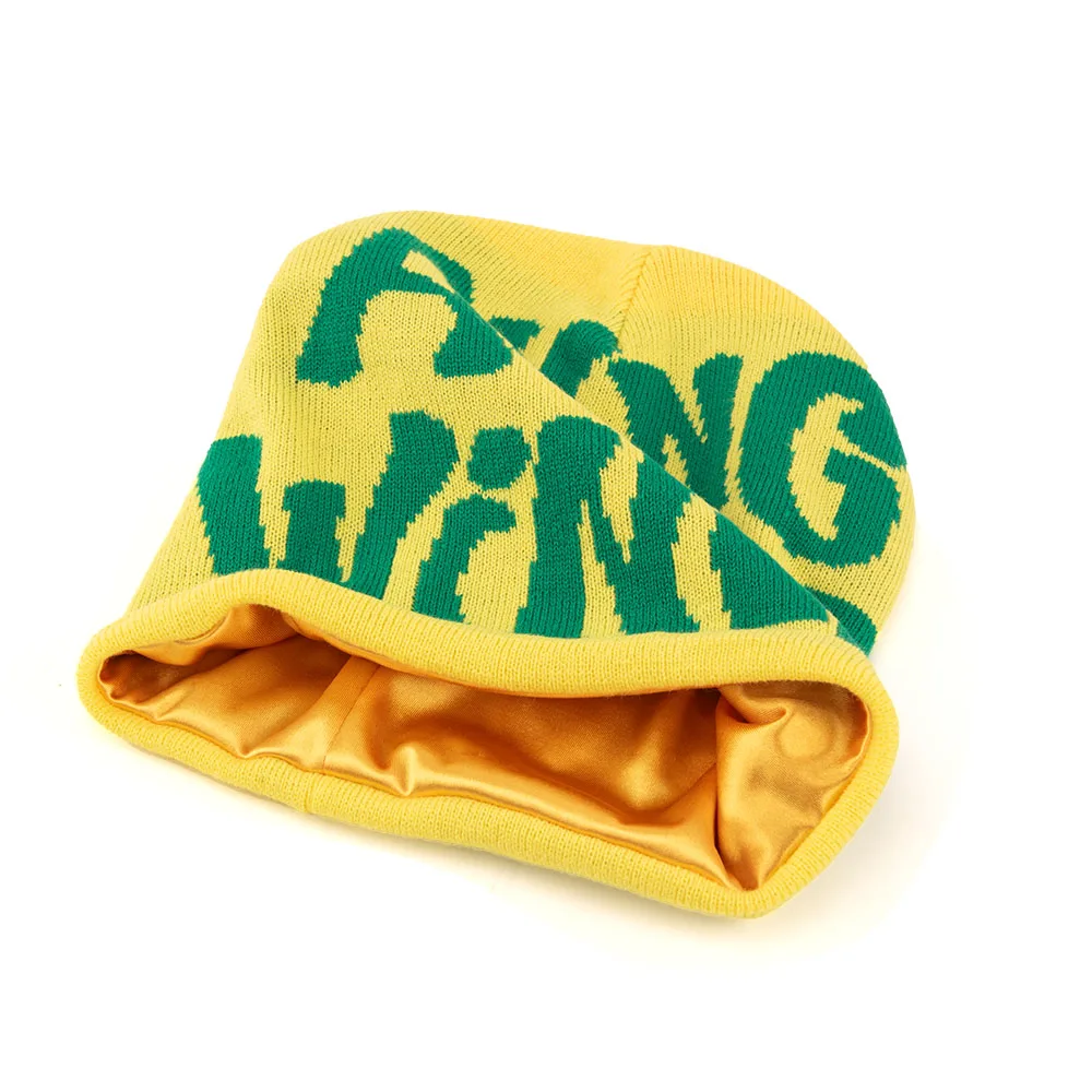 Streetwear Unisex All Over Print Winter Y2k Warm Hat Custom Logo Acrylic Knitted Cuffless Jacquard Beanie With Silk Satin Lining