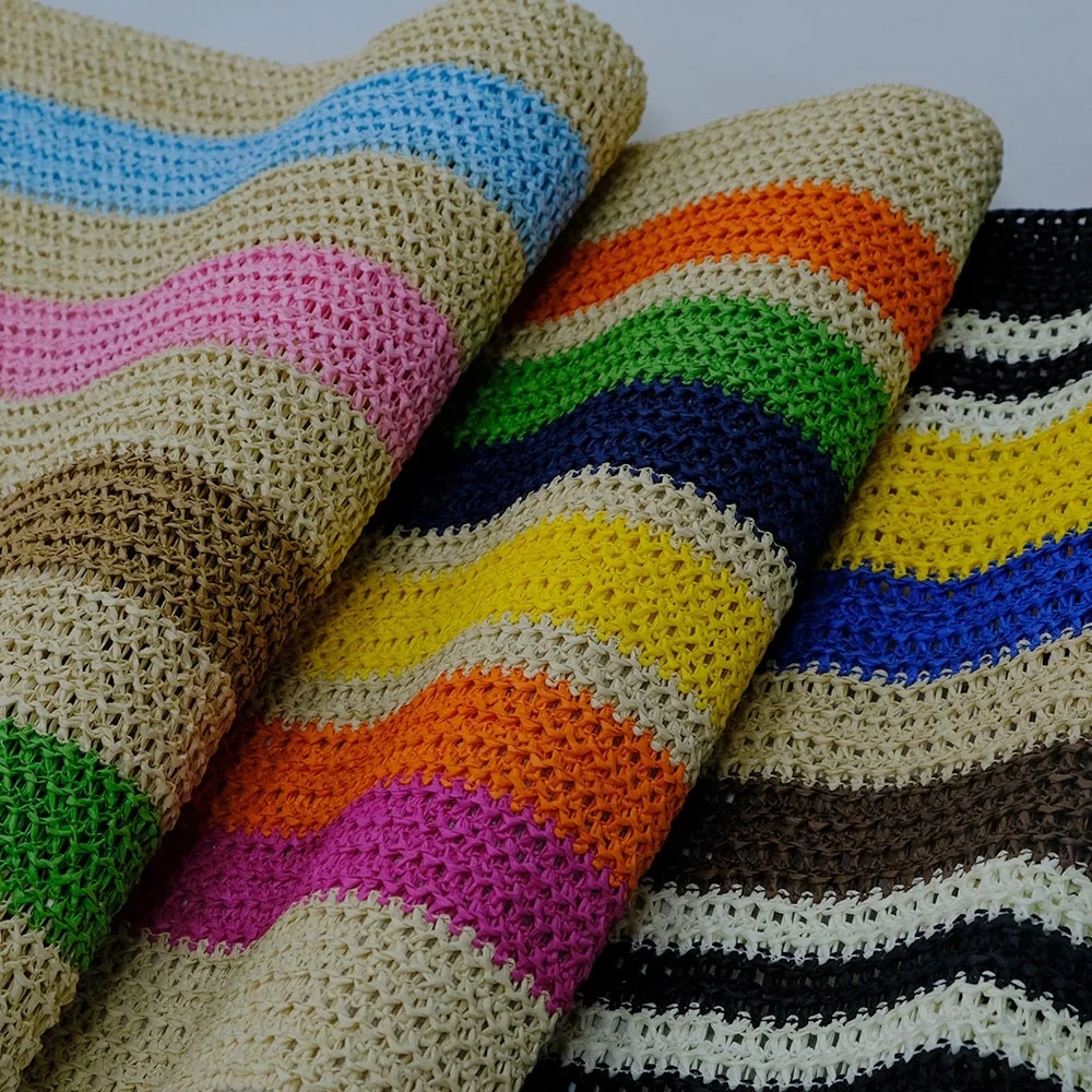 Wholesale Eco-Friendly Material paper woven raffia fabric for bags custom colorful Striped paper fabric beach bag roll