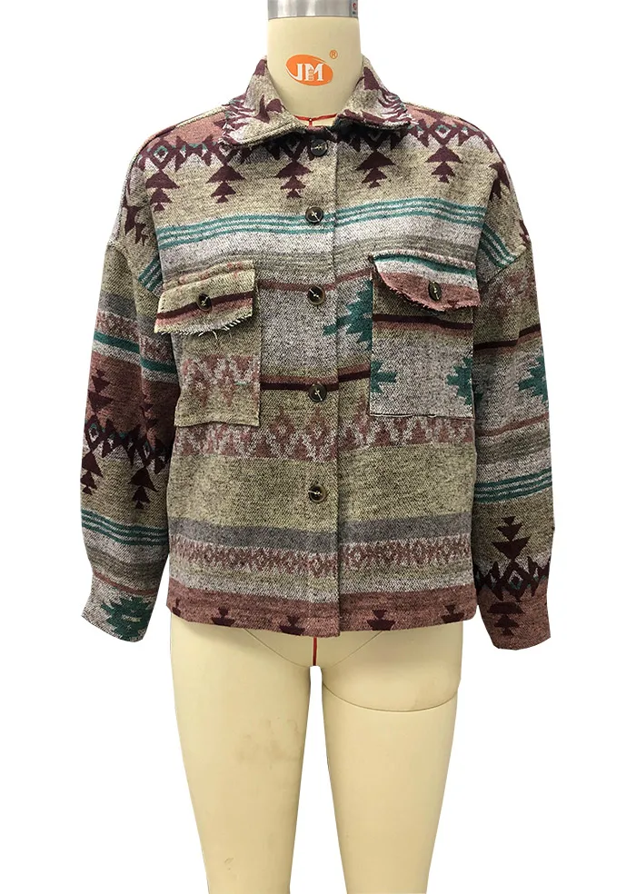 Vintage Geometric Printing Patterns Demin Jacket Woman Color Block Pockets Jeans Jacket Coat for Women 2021