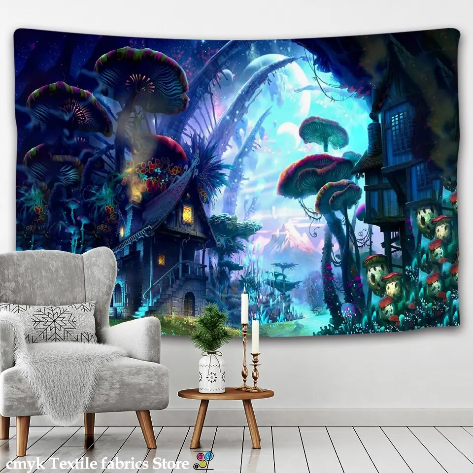 Psychedelic Mushroom Mandala Tapestry Wall Hanging Bohemian Gypsy  Witchcraft Tapestry