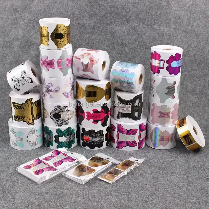 High Quality 500pcs Holographic Paper Nail Forms Custom Logo Nail Gel Forms for Professional Nail Art