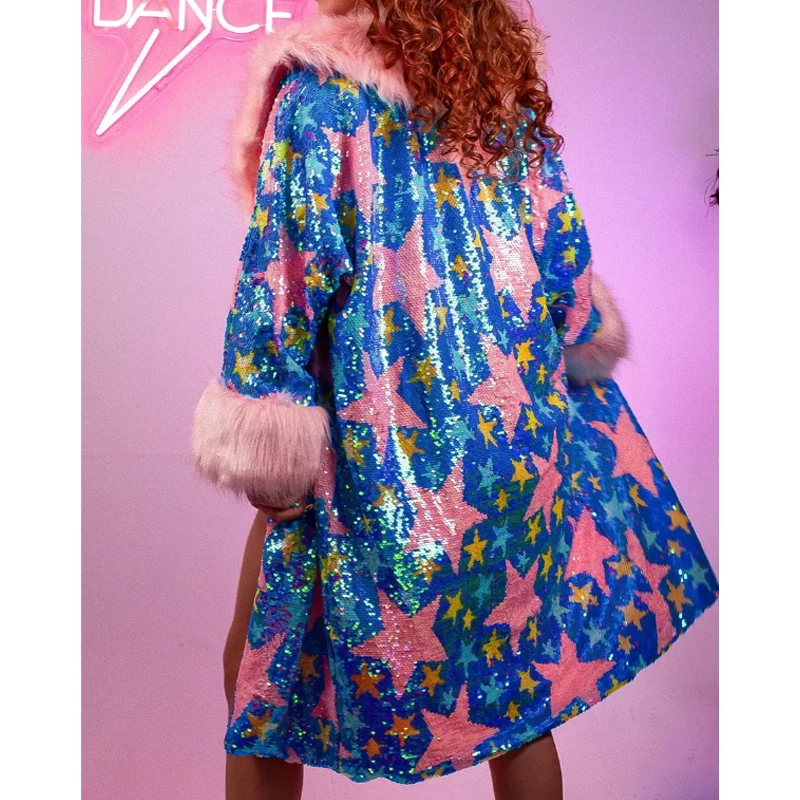 Glitter Jacket Disco Penny Lane Sequin Faux Fur Coat Pastel Color Sparkle Faux Fur Afghan Coat Stars Sequin Penny Lane Coat