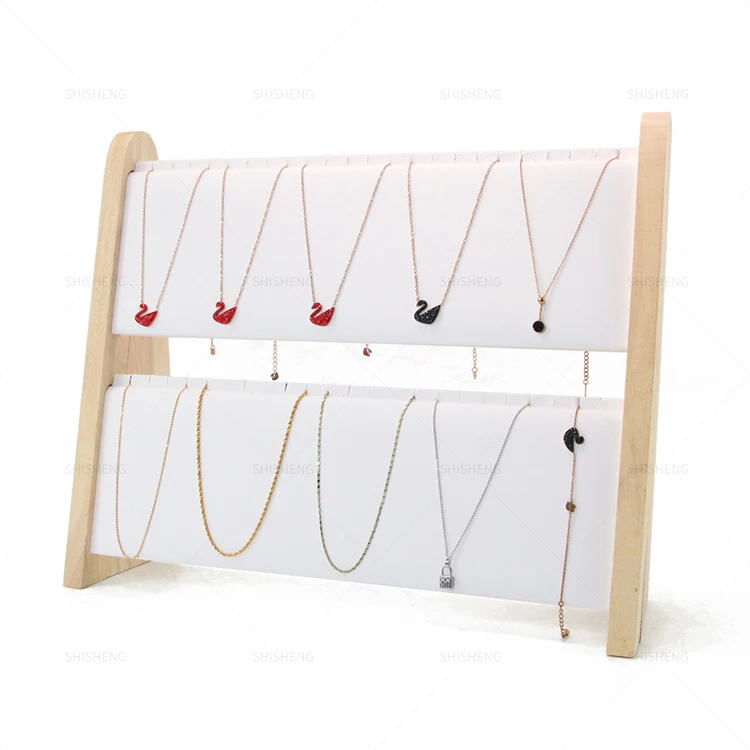 SHI SHENG Bamboo Wooden Pu Leather Long Chain Necklace Easel Showcase Display Board for Necklace Pendant Display Storage Holder