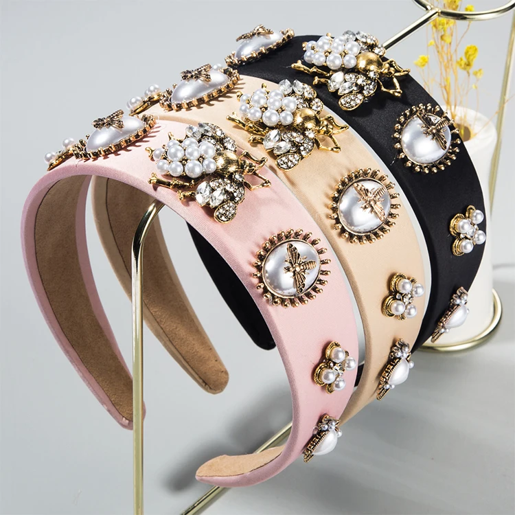 Брендовые дизайнерские пчелы барокко повязка на голову с жемчугом и искусственными бриллиантами женские резинки для волос