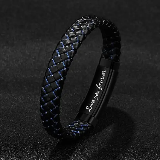 Leather Bracelet for Men Boyfriend Best Friends Blue Braided Cuff Bangle Anniversary Birthday Christmas Gift for Him