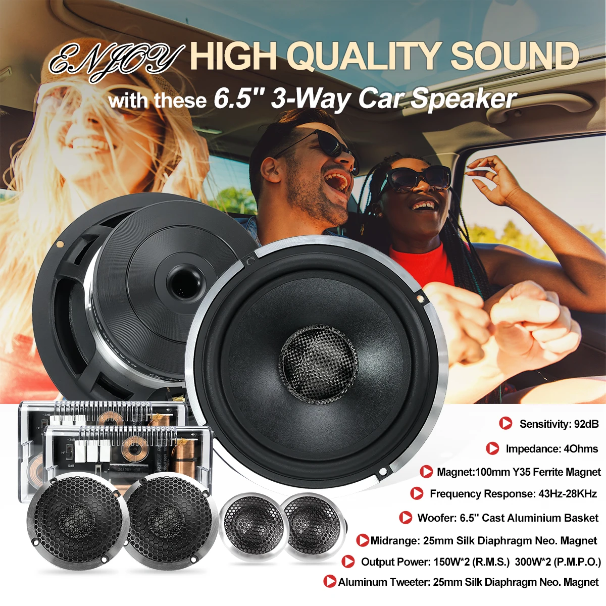 Zeming Car 6.5' Component Speaker RMS 200w 3 Way Audio Speakers