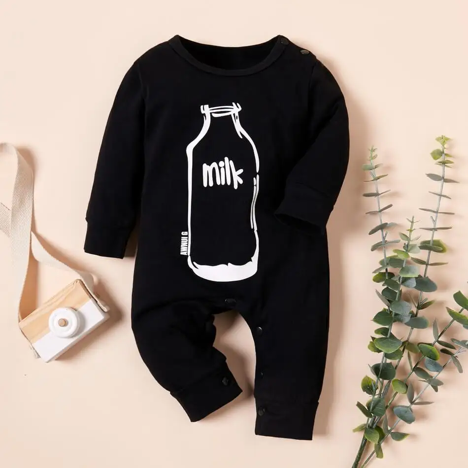
Baby Onesie Without Lables And Tags Newborn Bottle Milk Print Black Jumpsuit Infant All In One Jumper Snap Shoulder Bodysuit 