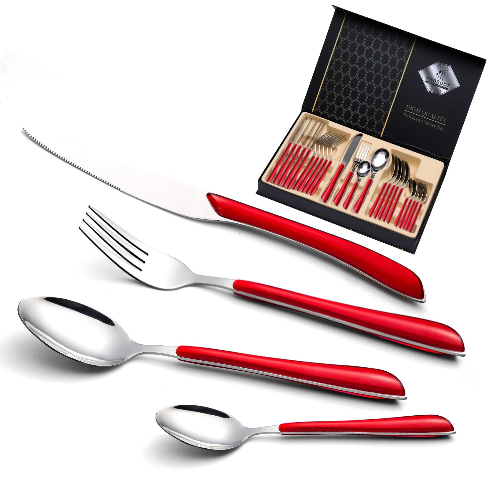 The Best Party Luxury Stainless Steel Plastic clip handle Knife, Fork and Spoon Cutlery Set 24 Pieces with Gift Box Packaging