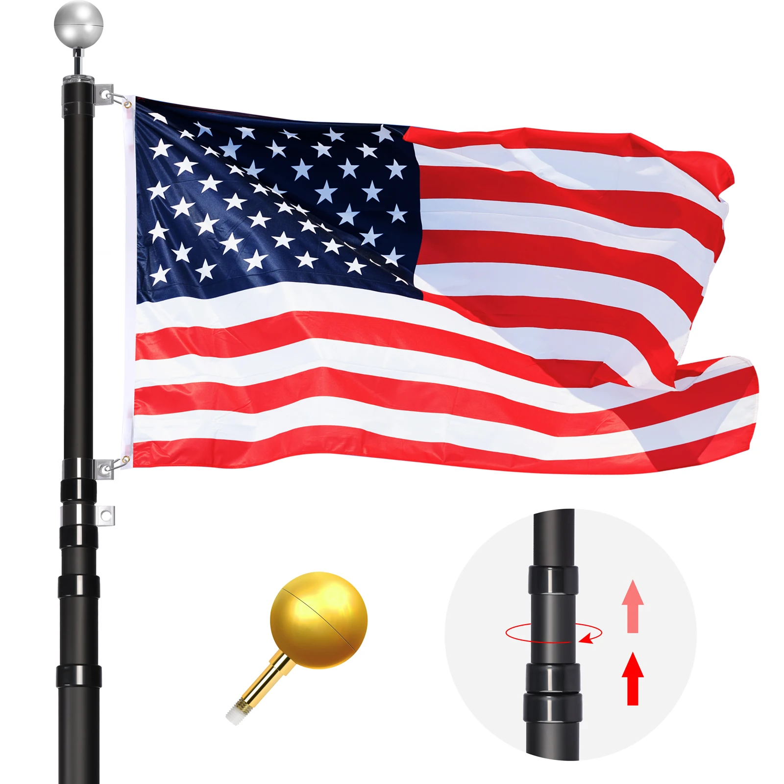 20ft 25ft 30ft  black Telescoping  oxidized  Aluminium Flag pole with  Flag and Golden /silver Ball Topper