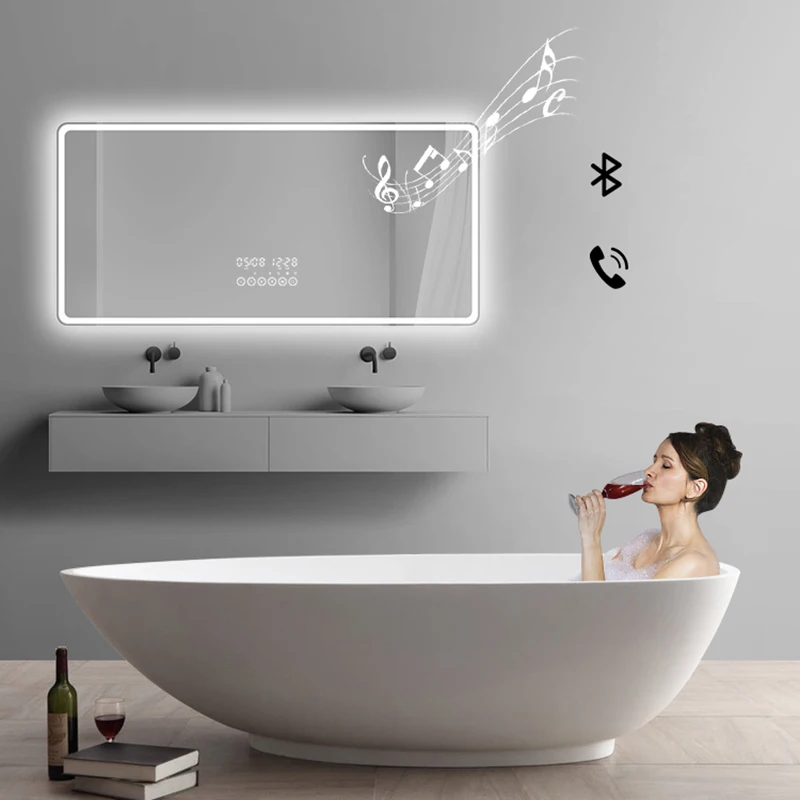 wall mounted led defogger smart touch screen mirror waterproof silver backlit lighting led mirror for hotel bathroom