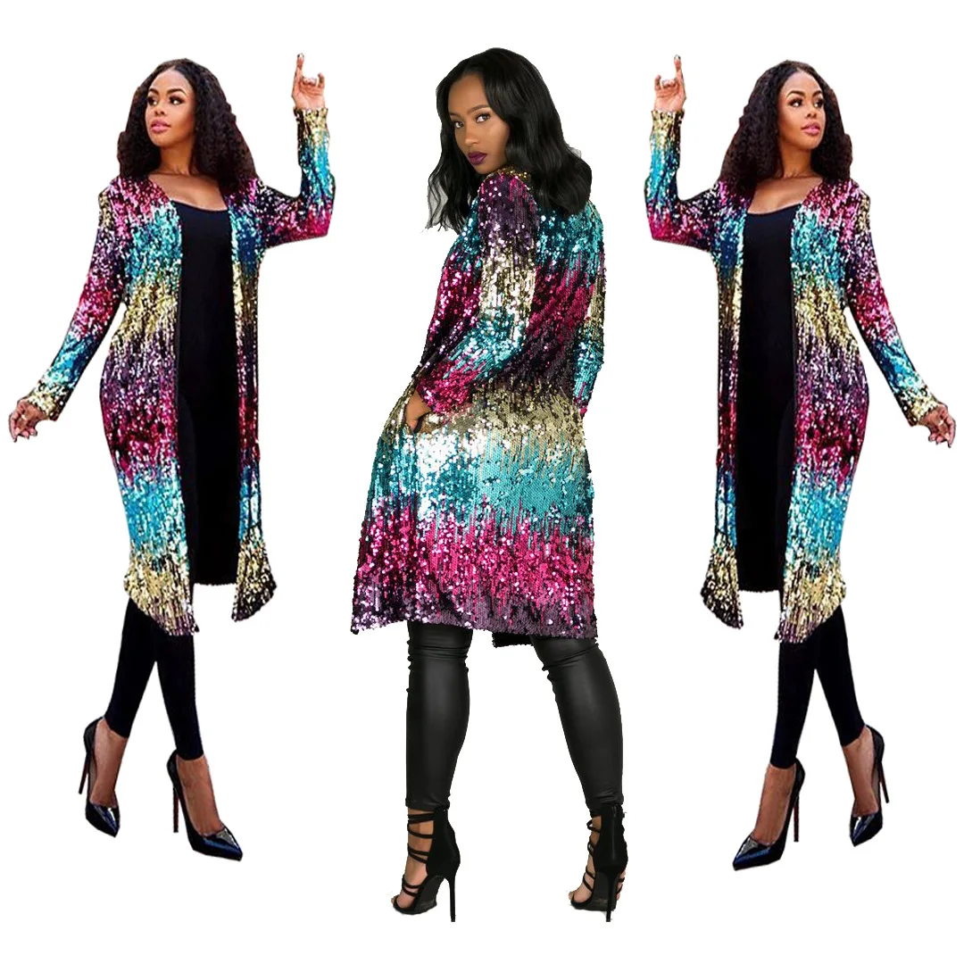 Women Autumn Winter Club Clothing Casual Sequined Cardigan reflective Luxury long Jacket Coat TS681