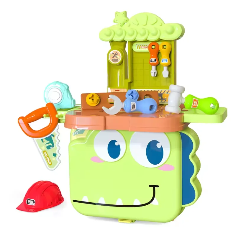 HY New Tools Set Toys Pretend Play 3 in 1 Deformable Cartoon Dinosaur Backpack Workbench Kids Plastic Toy Tool Box Set