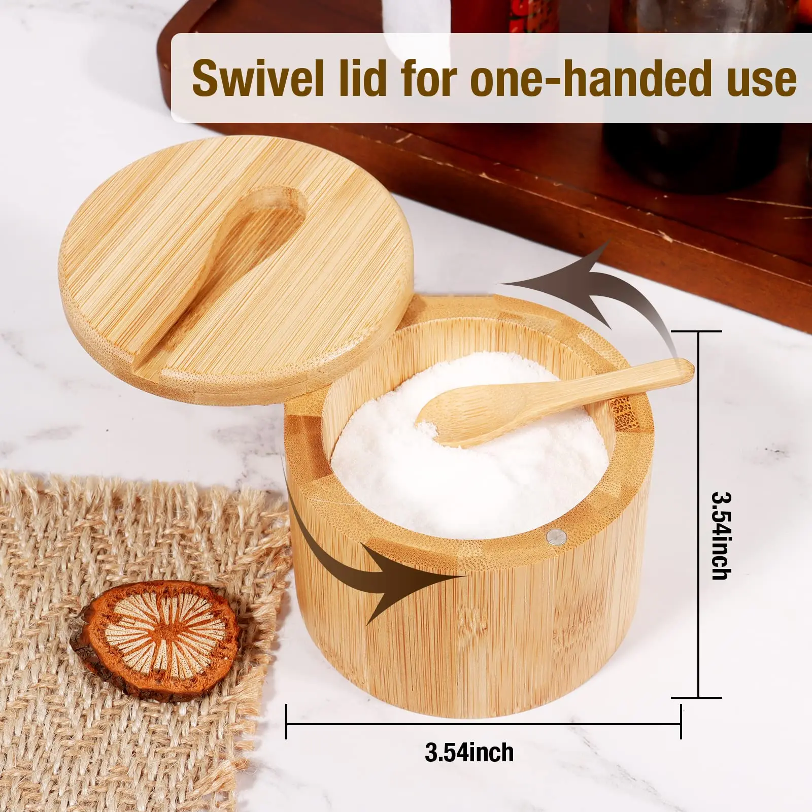 Wooden Salt Cage with Swivel Lid Salt Bowl Spice Cellar for Kitchen Keep Fresh Bamboo Seasoning Box with Spoon