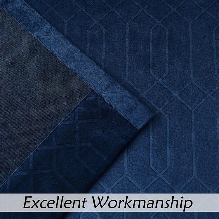 Blue Velvet Window Curtain Room Darkening 90% Blackout Panels Rod Pocket Back Tab Geometric Embossed Weave Drapes