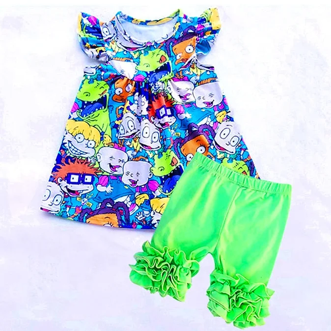 Wholesale summer stylish kids 2pcs clothing set T shirt and Ruffle shorts High quality  baby girl boy clothes outfit set