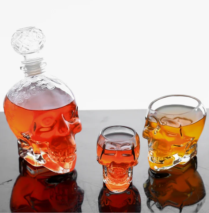 Wholesale Clear Whiskey Skull Shot Jar Bourbon Brandy Liquor Juice Water Glass Wine Bottle With Stopper Cork