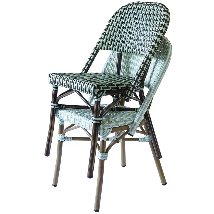 Modern French Patio Cafe Wicker Dining Furniture Outdoor Garden Aluminum Green Restaurant Rattan Bistro Chair