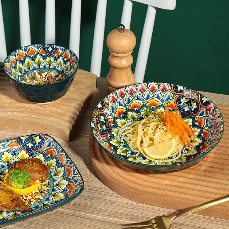 Restaurant Weeding Decorative Luxury Bohemian Tableware Square Ceramics Dishes Ceramic Dinner Plate Bowls Porcelain Plates Set