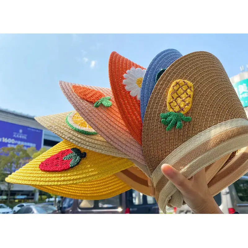 BESTELLA Wholesale  Custom Sun Visor Cap Summer Children Kids Sport Fruit Cartoon Design Wide Brim UV Protection Straw Hat